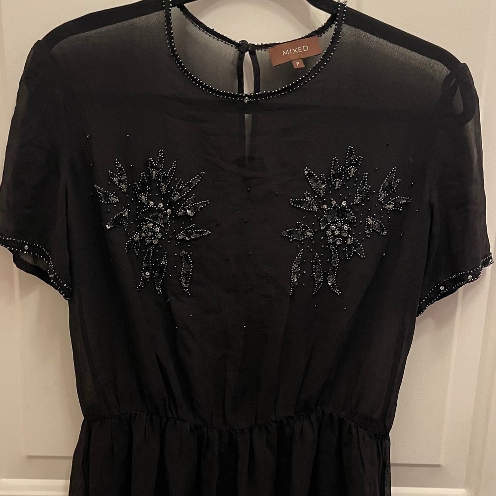 Mixed Black Beaded Sequin Sheer Peplum Blouse Short Sleeve Small Goth Glam